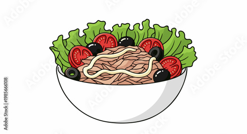 A cartoon bowl of tuna salad with lettuce, tomatoes, and olives