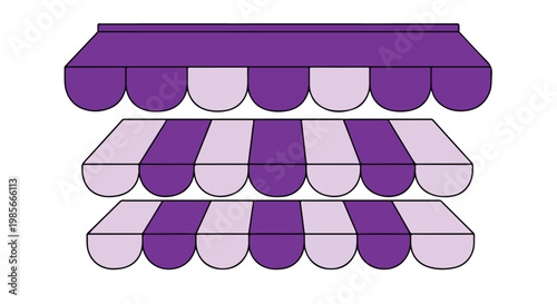 Colorful striped awning with purple and white scalloped fabric providing shade and shelter outdoors