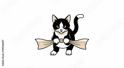 A cartoon black and white cat stands holding a tan fabric with its paws