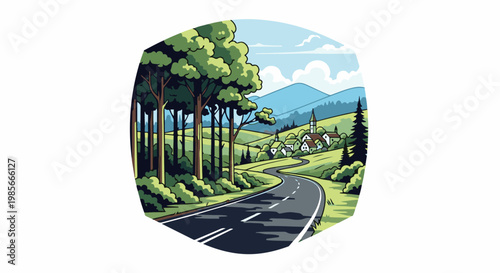 Winding country road leads to a picturesque village nestled in rolling green hills and forests