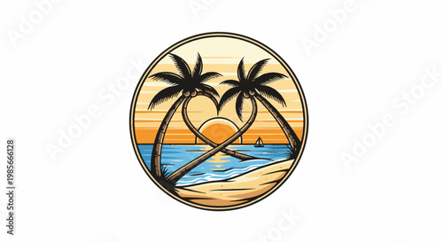 Two palm trees form a heart shape over a tranquil beach at sunset