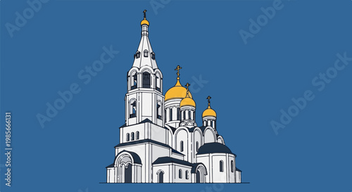 White Orthodox church with gold domes against a blue background