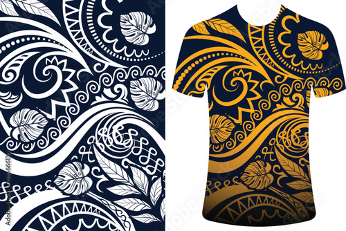 Polynesian Tribal T-Shirt Design Featuring Pattern Style Geometric Motifs, New Zealand T-Shirt, Traditional dress, traditional jersey, t shirt, African Style, Tatto Inspired Dress, Fabric Texture.