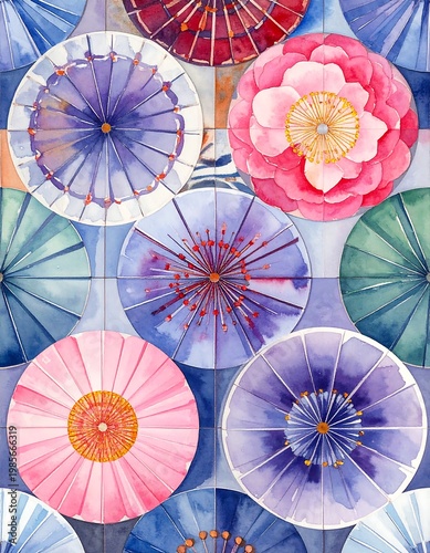 A colorful collage of stylized flowers in various stages of bloom