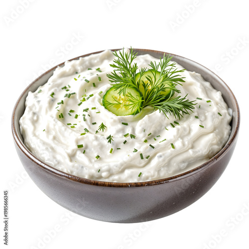 Creamy dip with cucumber and dill garnish in a bowl
