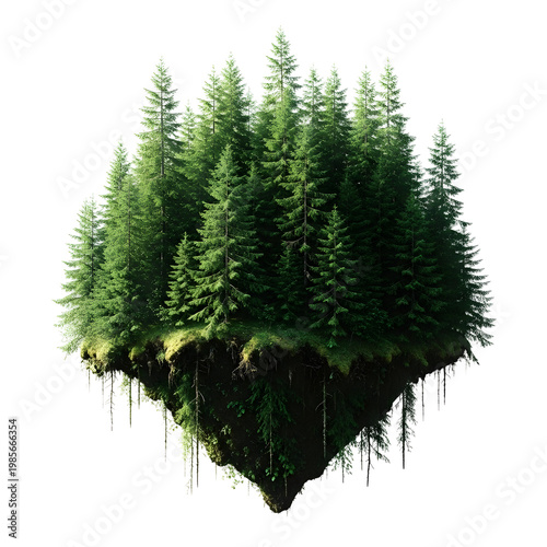 Evergreen forest island floating in space with transparent background