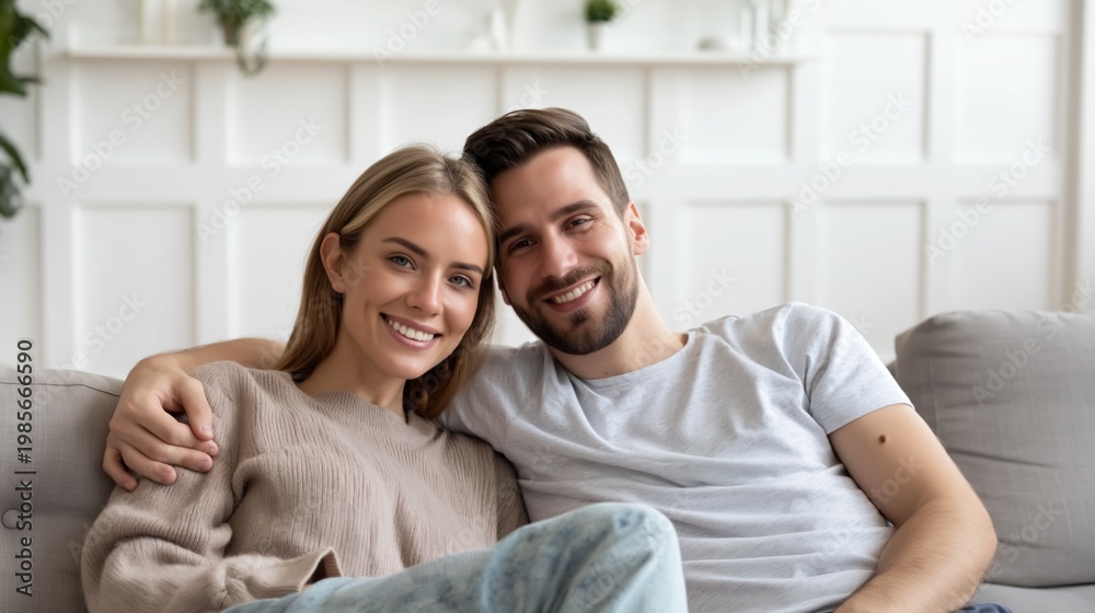 Fototapeta premium Happy couple sitting on sofa smiling and relaxing together in cozy home setting
