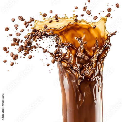 Coffee splash with beans and liquid dynamics against transparent background