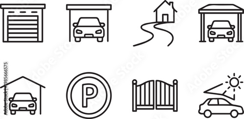 Minimalist garage and parking icon set, 8 linear vector elements for car storage and home driveway, black outline automotive symbols