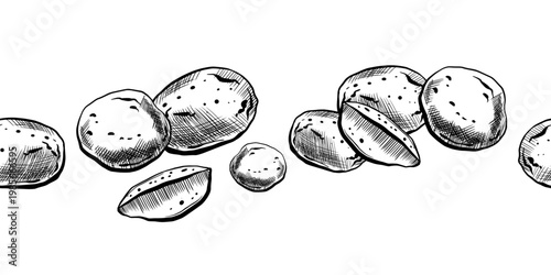 Potato seamless border in minimalist vector line art. Horizontal repeating potato tubers and wedges for organic food packaging, rustic farm market menu design and grocery retail branding graphics