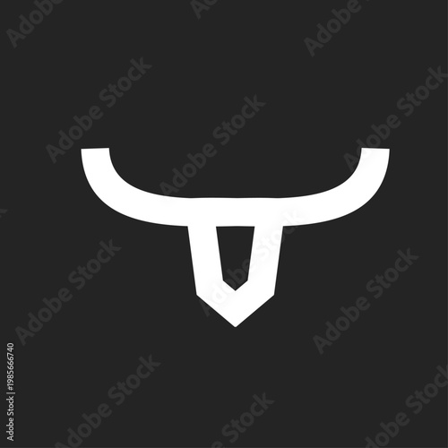 White Bull Head Silhouette Logo with Horns on Black Background, Minimalist Graphic Design Icon