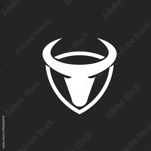 Minimalist White Bull Head Logo with Horns in Shield Shape on Black Background