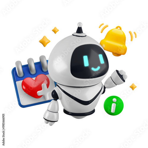 Vector cartoon 3d health and medical care planning chat bot concept. 3d render of robot, calendar with heart, bell, info sign. Medicine schedule management technology, AI virtual healthcare assistant.