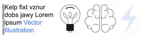 Creativity, brainstorming, cognitive thinking, mental energy, inspiration, innovation. Minimalist icons of a lightbulb, brain and lightning bolt. Creativity and brainstorming concepts