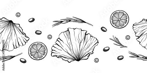 Lettuce and lemon seamless border in minimalist vector line art. Horizontal repeating salad greenery with olives and rosemary for vegan menu design, organic food packaging and healthy branding