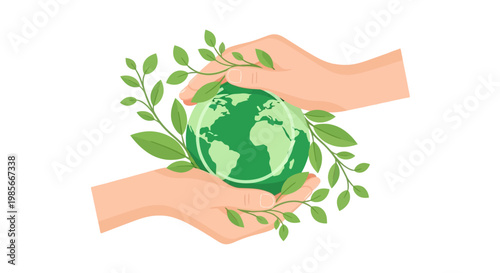 Caring hands gently embrace the green Earth, adorned with lush leaves, symbolizing global environmental protection, sustainability, and ecological harmony