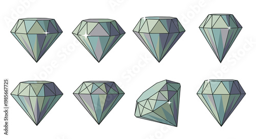 Collection of eight sparkling cut diamonds displayed from different angles.