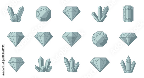 Collection of Geometric Gemstones and Crystals Illustration.