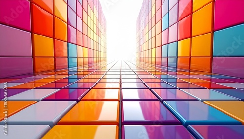 Vibrant Abstract Cubes Tunnel With Colorful Gradient Lighting Perspective View
