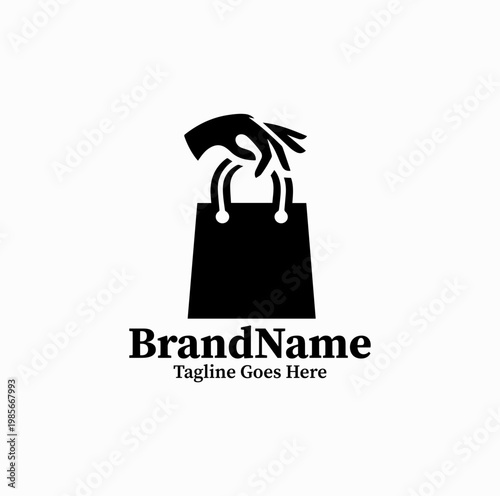 Minimalist Hand Holding Shopping Bag Logo Black Silhouette Vector