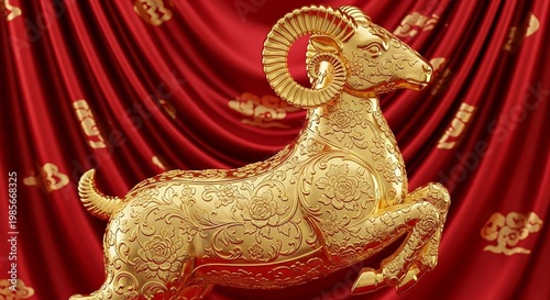 luxury red and gold chinese horse new year background 2027 new year, ornate golden ram statue with intricate floral patterns posed in a leaping position against a draped red silk fabric background wit