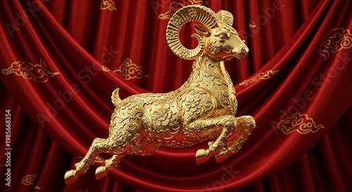 luxury red and gold chinese horse new year background 2027 new year, ornate golden ram statue with intricate floral patterns posed in a leaping position against a draped red silk fabric background wit