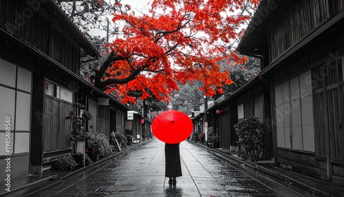 モノクロの雨の中で赤い傘の周囲だけ色彩が広がる超現実的な風景