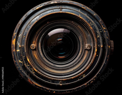Close up of a vintage camera lens with intricate details and textured metal against a black background