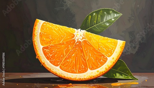 A vibrant orange slice on a table with leaves