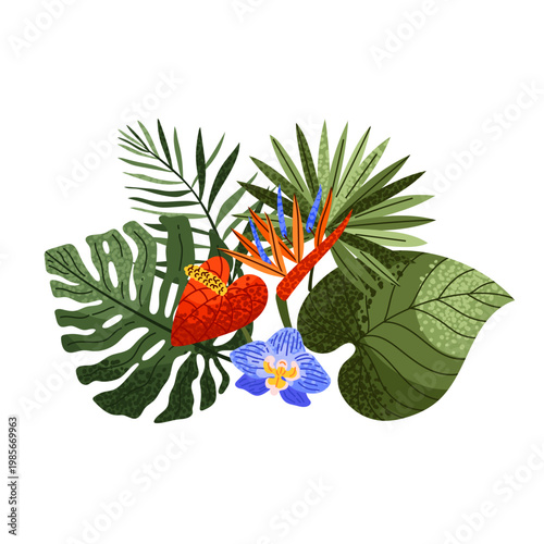 Exotic tropical foliage composition with monstera, banana palm, strelitzia and orchid flowers. Lush jungle plants, colorful botanical vector illustration for summer design, travel banner.