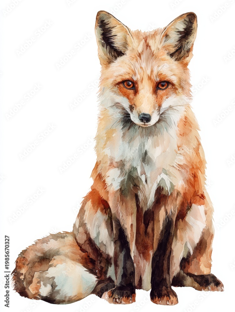 Fototapeta premium Watercolor illustration of a red fox sitting and looking forward on a white background