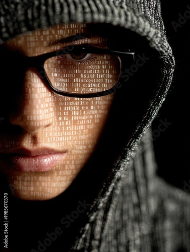 Hooded hacker in glasses with binary code projected on face in dark cyber security concept