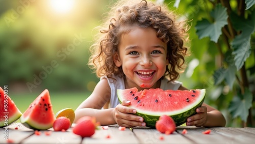 Happy little girl eating juicy watermelon slices outdoors in summer garden. Smiling child enjoying fresh fruit, healthy snack and sunny day, bright lifestyle scene with natural light and cheerful mood