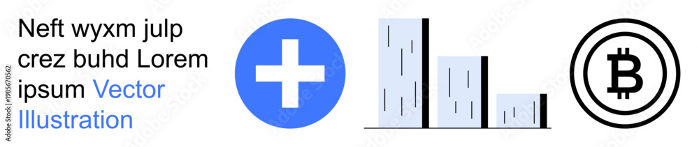 Fototapeta premium Financial analysis, cryptocurrency, healthcare, data trends, technology, investment strategies. Blue medical cross, bar graph and Bitcoin logo on white background. Healthcare and cryptocurrency