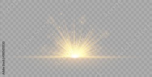 Golden sparkle burst with bright lens flare glow and sunlight rays, abstract explosion effect with shimmer and transparent background