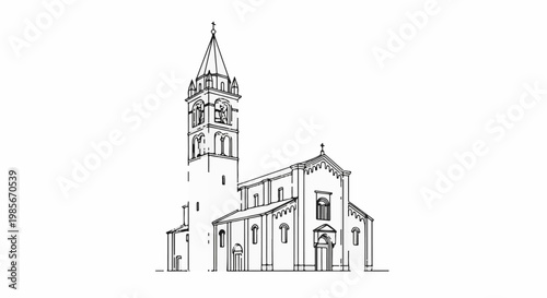 Striking outline drawing of a historic church with a tall bell tower