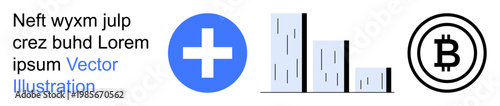 Financial analysis, cryptocurrency, healthcare, data trends, technology, investment strategies. Blue medical cross, bar graph and Bitcoin logo on white background. Healthcare and cryptocurrency