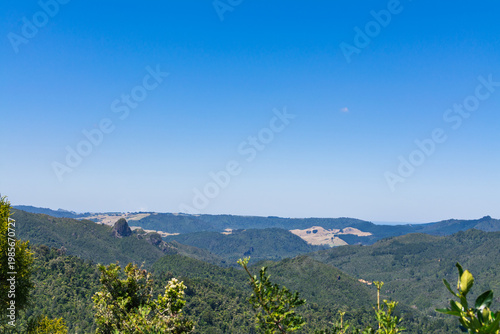 Panoramic view of rolling green hills and distant farmland under a vast clear blue sky, showcasing the peaceful beauty and open space of a sunlit rural landscape. Coromandel, New Zealand