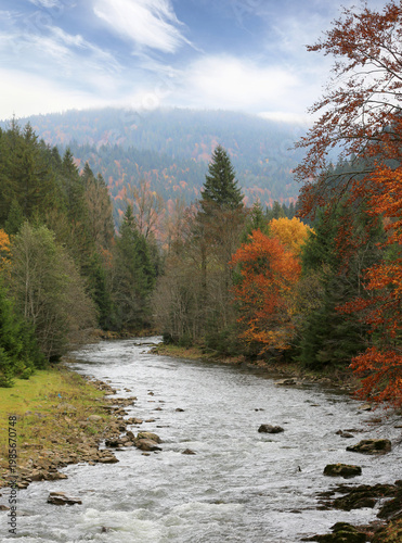 Autumn forest river flowing through mountains with colorful foliage and misty sky