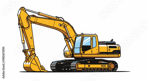 Yellow excavator with articulated arm and bucket on tracks