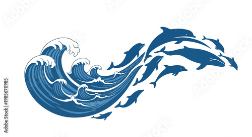 Dynamic illustration of powerful ocean waves crashing with white foam and deep blue water under a clear sky