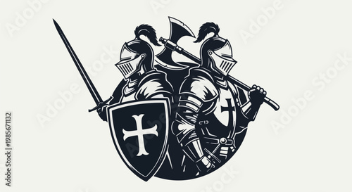 Two armored knights with swords, shields, and axes