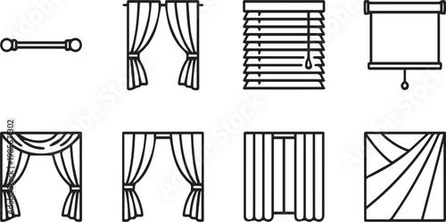 Minimalist window curtains and blinds icon set, 8 linear vector elements for interior design, modern home decor drapery and window treatment symbols
