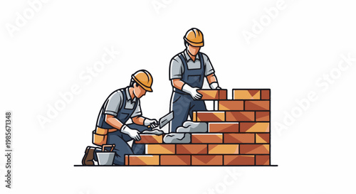 Two builders in hard hats and overalls lay bricks for a wall