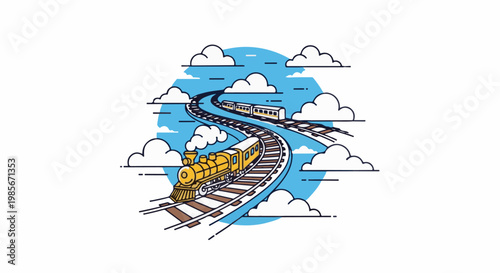 Two cartoon trains on winding tracks amid clouds and blue sky