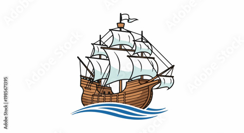 Vintage sailing ship with white sails on blue wavy water