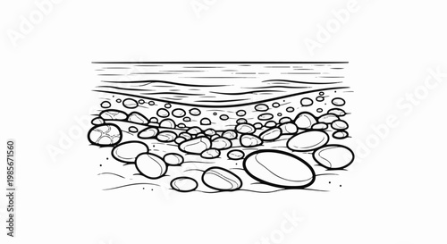 A simplified, line-art drawing of a rocky shore with gentle waves