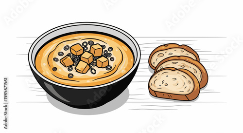 A bowl of creamy soup topped with croutons and olives next to sliced bread