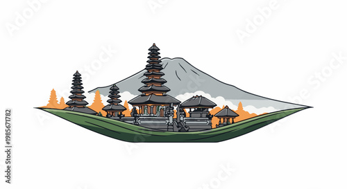 Stylized mountain temple complex nestled on a verdant, curved landscape