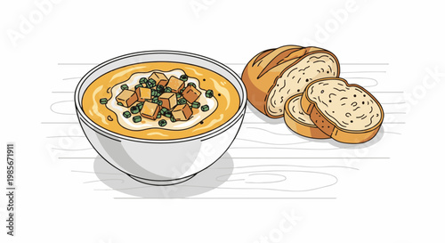 A comforting bowl of soup, topped with croutons and herbs, beside sliced bread